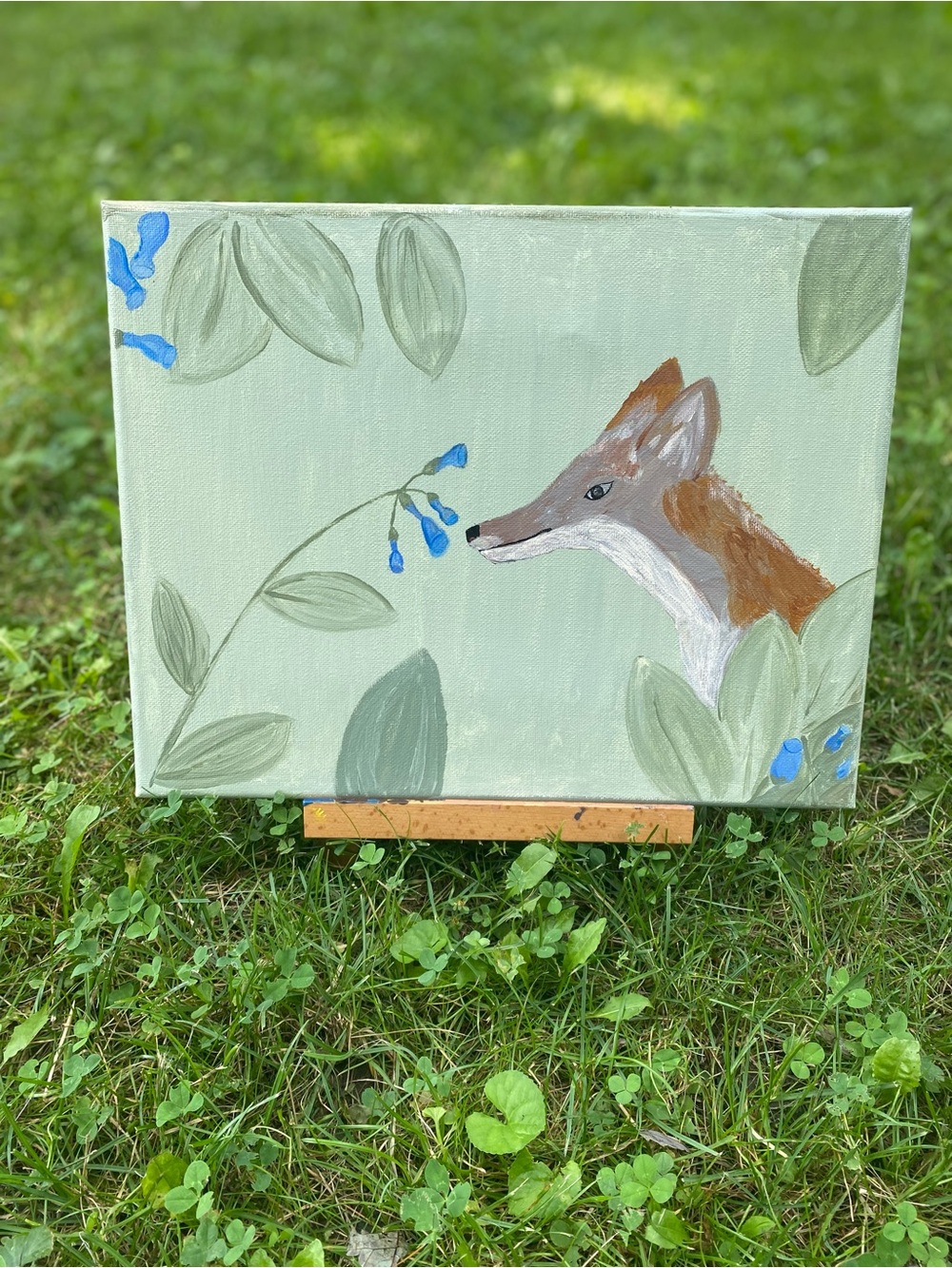 Fox and Bluebells Original Canvas Painting - Green Background